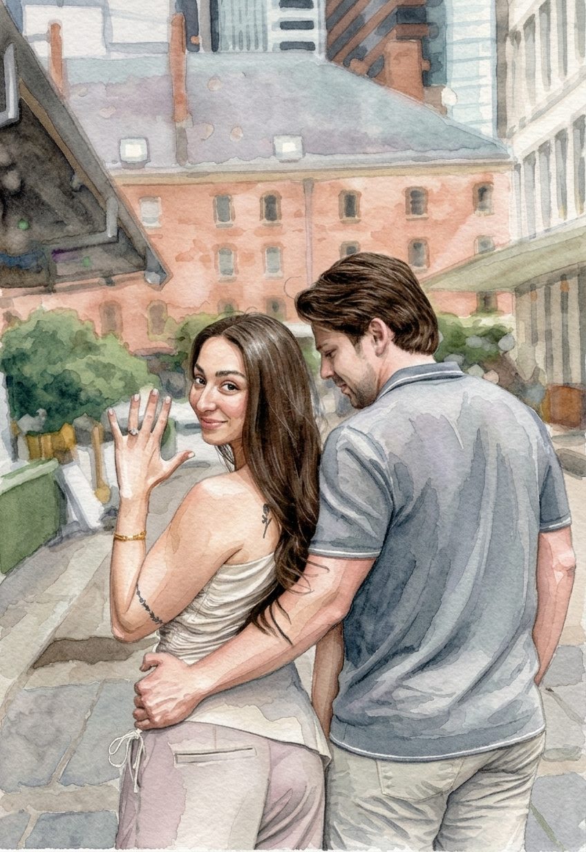 Watercolor of Sarah and Connor showing off the engagement ring on a city street